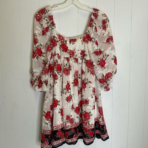 Blue Rain Women XS Square Neck White Red Floral Mini Peasant Dress Balloon Sleev - Picture 10 of 16